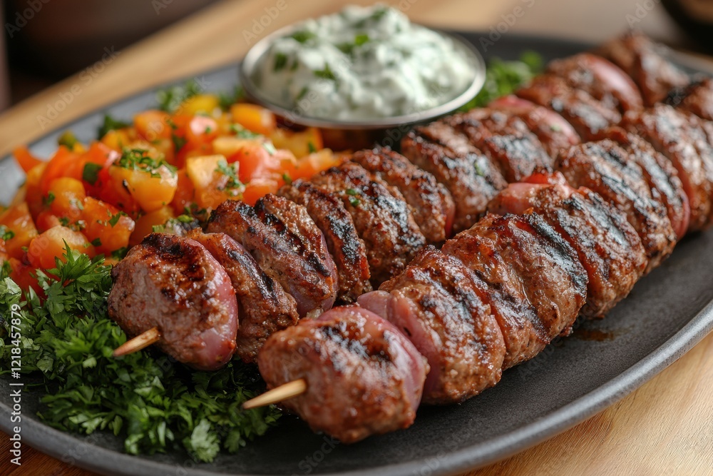 Grilled kebabs served with fresh salad and yogurt dip in a vibrant eatery setting. Generative AI