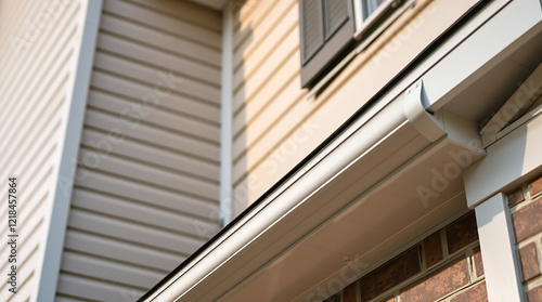 Close-up view of a pristine white rain gutter installed on a house with beige siding and red brick. Highlighting the architectural details and home improvement aspects. photo