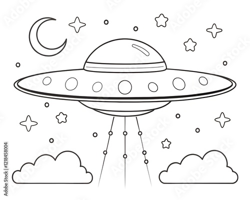 coloring page with flying space saucer on a background of clouds, moon and stars on a white background