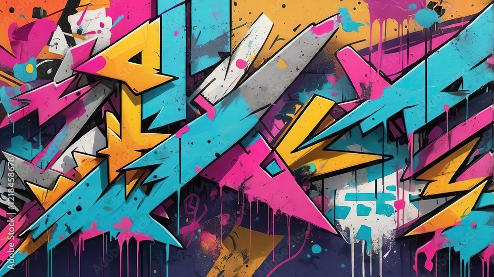 Close-up of a vibrant urban wall with layered graffiti, splashes of bright paint, and bold geometric patterns. A modern, textured background ideal for creative wallpaper design Close-up of a vibrant urban wall with layered graffiti, splashes of bright paint, and bold geometric patterns. A modern, textured background ideal for creative wallpaper design