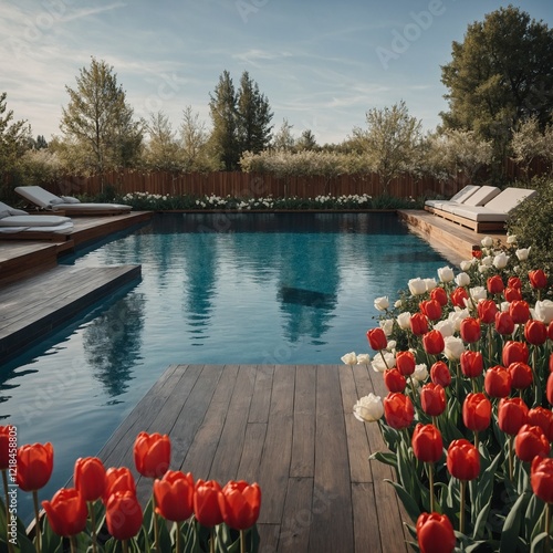 A modern swimming pool with a sleek wooden deck, bordered by red tulips and white roses.