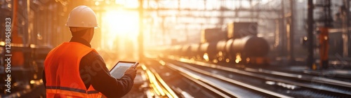 Railway engineer monitors cargo flow with tablet as sunlight illuminates train tracks