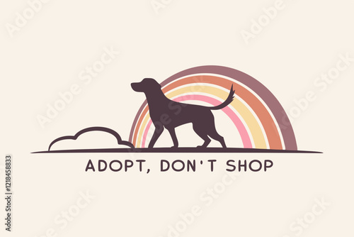 A minimalist design featuring a silhouette of a dog with a wagging tail and the phrase Adopt, Don’t Shop in a modern, clean font