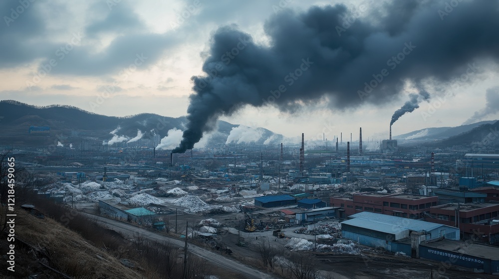 Industrial Pollution: A stark landscape illustrates the grim reality of industrial pollution, with billowing plumes of smoke rising from factory chimneys. Industrial Pollution: A stark landscape illustrates the grim reality of industrial pollution, with billowing plumes of smoke rising from factory chimneys.