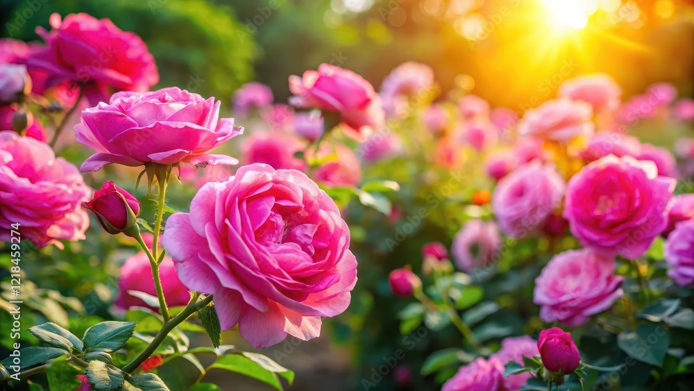 Vibrant pink roses in a lush garden with sunlight filtering through leaves , flower field, beautiful pink flowers Vibrant pink roses in a lush garden with sunlight filtering through leaves , flower field, beautiful pink flowers