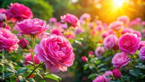 Vibrant pink roses in a lush garden with sunlight filtering through leaves , flower field, beautiful pink flowers