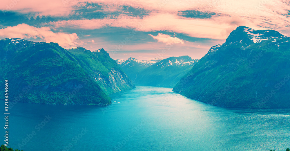 Panoramic view from above of the fjord. Beautiful Geirangerfjord at sunset, Hellesylt Norway Europe