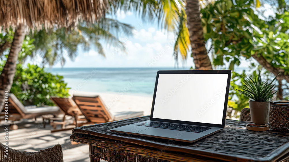 Laptop mockup on the table on the tropical ocean beach with palm trees and sand. Laptop computer with empty blank white screen mock up on the wooden table, tropical resort in the background