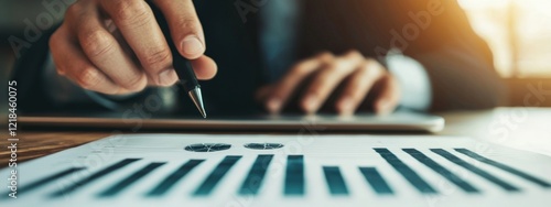Business Professional Analyzing Financial Reports on Tablet with Pen and Graphs in Modern Office Setting