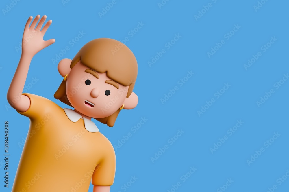 3D illustration of European female cartoon character in casual brown clothes, waving to the camera with joyful expression. Isolated on blue background. 3D illustration of European female cartoon character in casual brown clothes, waving to the camera with joyful expression. Isolated on blue background.
