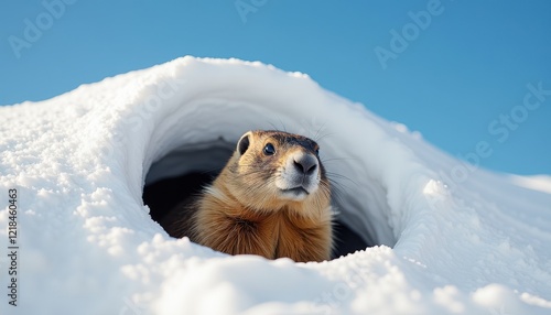 Groundhog Day: Yellow-bellied Marmot Peeks Out from Snowy Tunnel Against Clear Sky photo