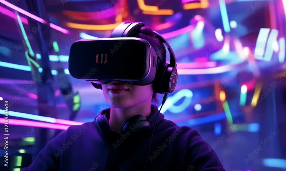 Young person immersed in virtual reality, surrounded by vibrant neon lights and futuristic atmosphere Young person immersed in virtual reality, surrounded by vibrant neon lights and futuristic atmosphere