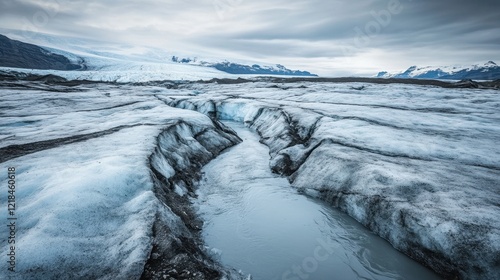 Glacial Crevasse: A dramatic landscape photo of a deep crevasse cutting through a vast glacier, showcasing the raw beauty and power of nature under a moody sky. photo