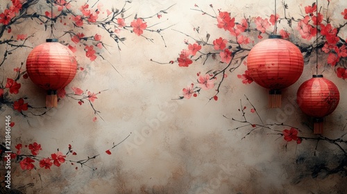 Beautiful display of red lanterns and cherry blossoms on a textured wall in an artistic cultural setting. Generative AI photo