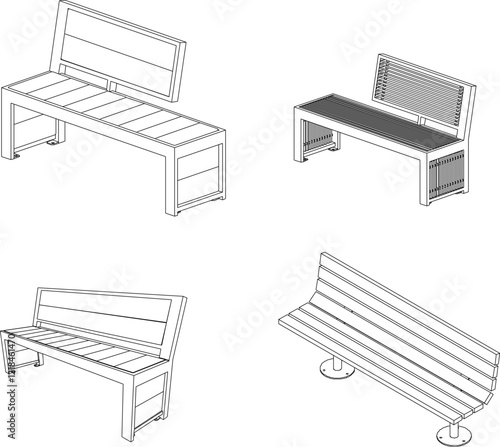 vector illustration design engineering drawing of a long bench chair in a city park