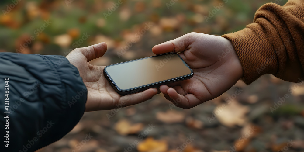 Person holding smartphone with blank screen in outdoor setting Person holding smartphone with blank screen in outdoor setting