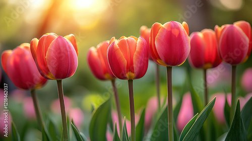 A close-up of colorful tulips blooming in a spring garden under soft morning sunlight photo