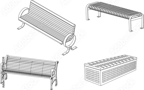 vector illustration design engineering drawing of a long bench chair in a city park