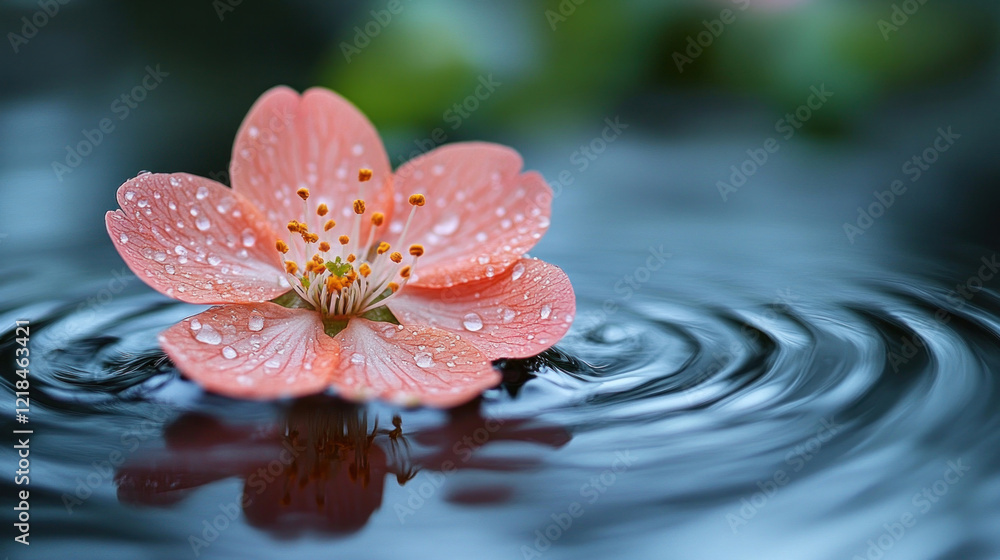 A delicate cherry blossom petal resting on the surface of a rippling pond during springtime A delicate cherry blossom petal resting on the surface of a rippling pond during springtime