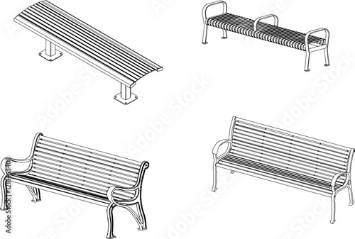 vector illustration design engineering drawing of a long bench chair in a city park