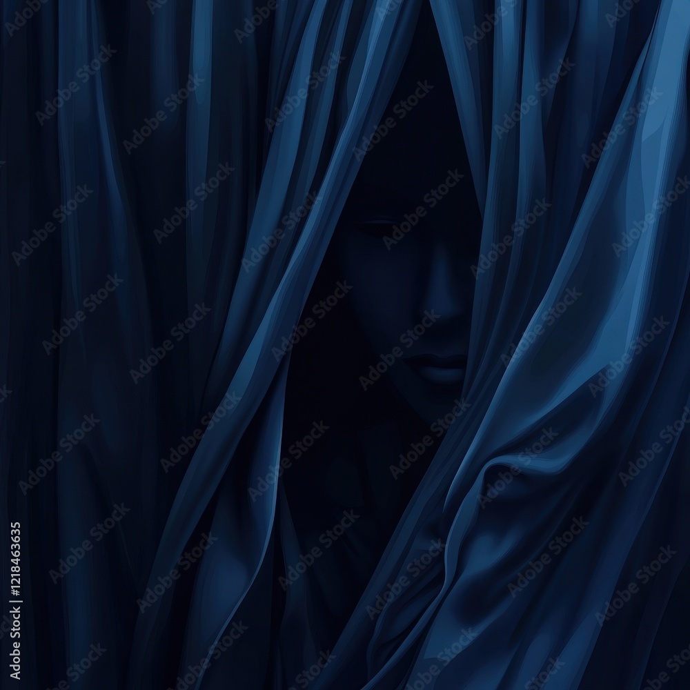 Fototapeta premium Mysterious Face Hidden Behind Dark Blue Drapery