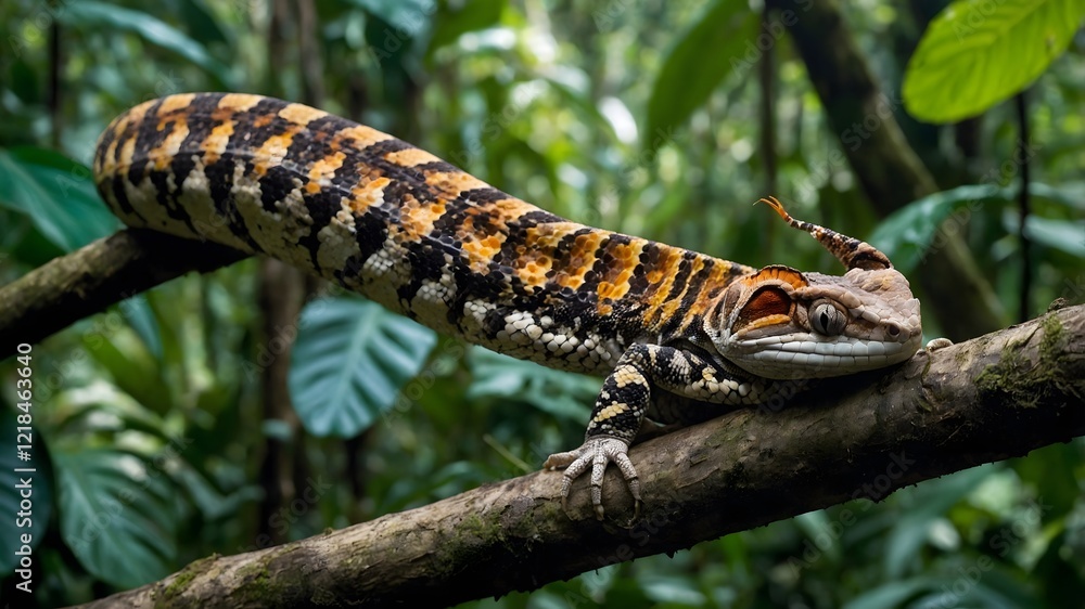Naklejka premium Resting Crotalus Durissus on Branch Surrounded by Vibrant Rainforest Habitat