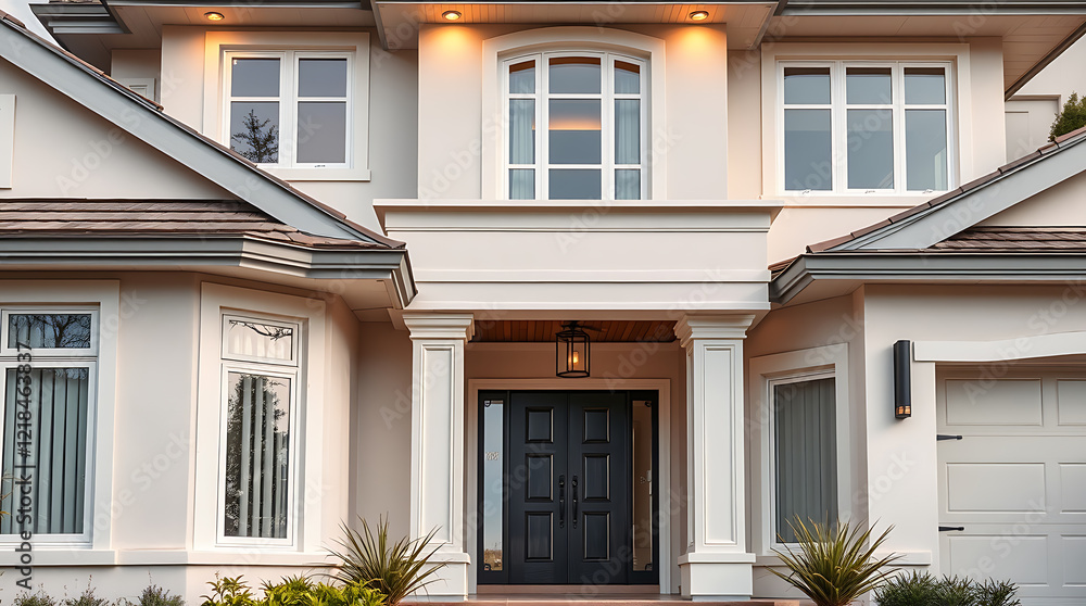 Fototapeta premium Luxury Home Exterior: Modern Architectural Design, Elegant Facade, and Grand Entrance. This stunning property showcases contemporary style with exquisite details.