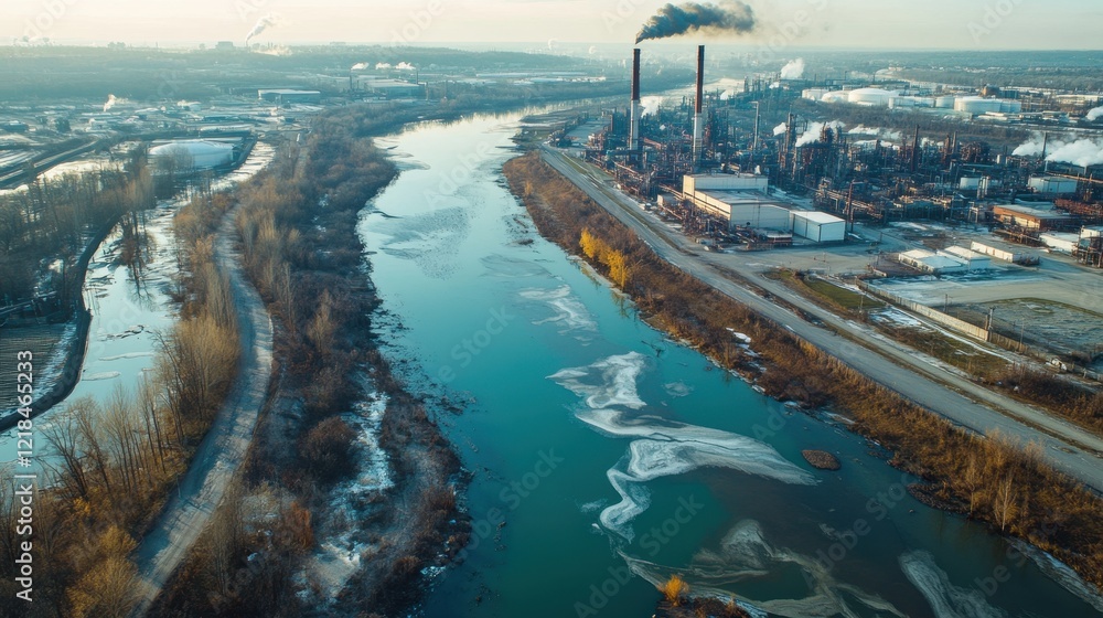 Fototapeta premium River and Industrial Complex: An aerial view of a meandering river carving through a landscape dotted with industrial complexes. Plumes of smoke rise from factory chimneys.