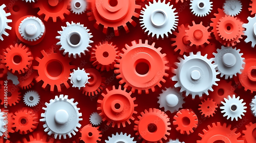 Red and white cogs interlock in complex mechanism Red and white cogs interlock in complex mechanism