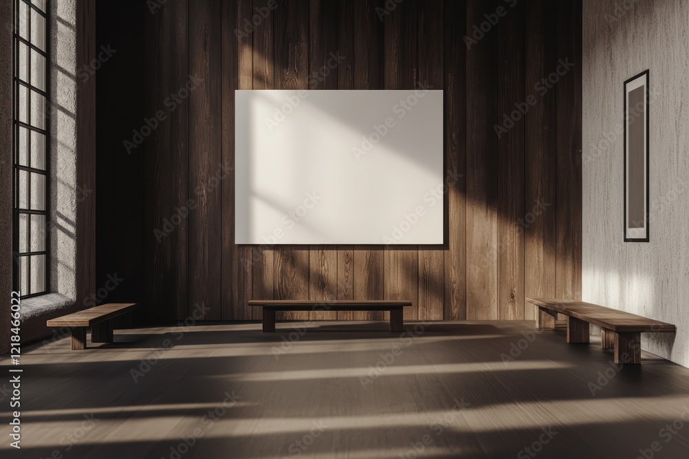 Modern gallery interior, sunlight, wooden wall, empty canvas, benches Modern gallery interior, sunlight, wooden wall, empty canvas, benches