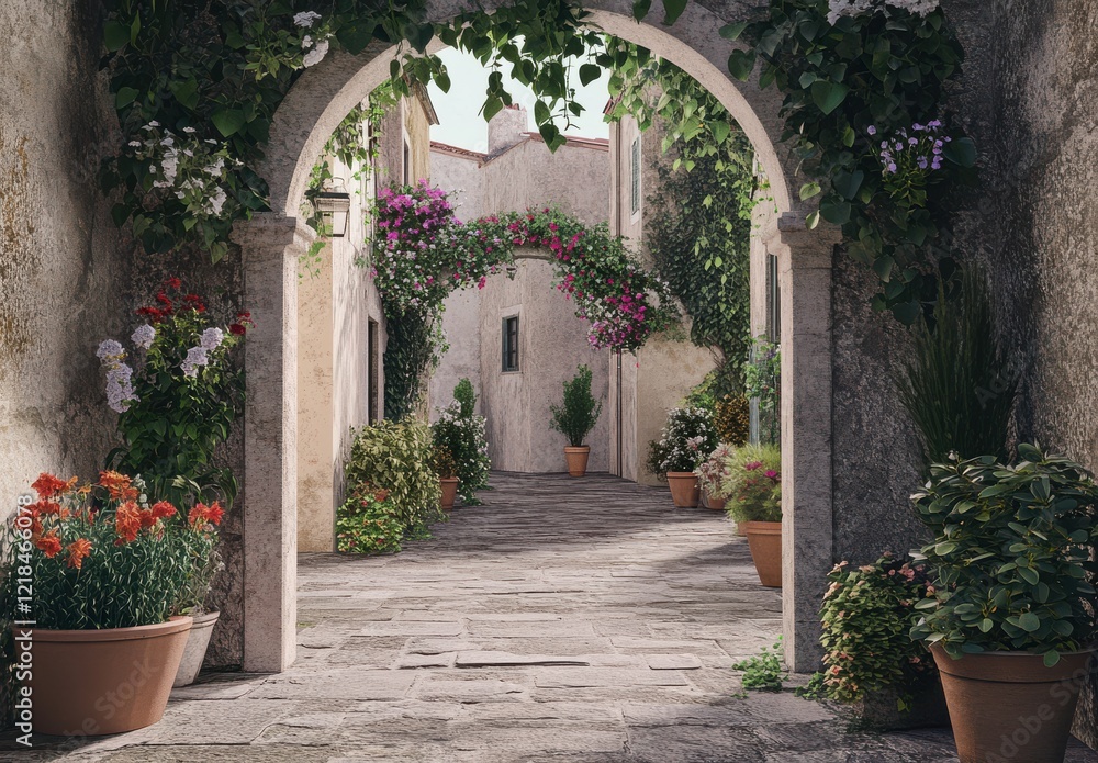 Fototapeta premium Picturesque Mediterranean Alleyway with Blooming Flowers and Stone Archway