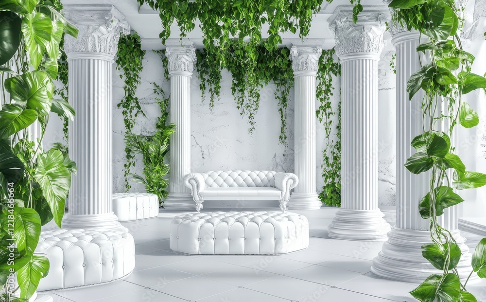 Naklejka premium Luxurious White Interior Design with Marble Walls, Greenery, and Classical Columns