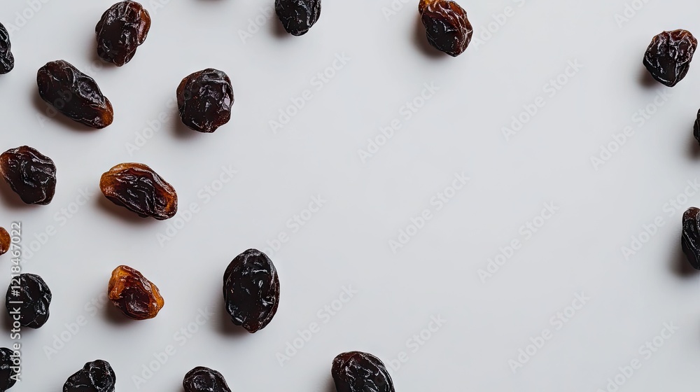 High quality close up of plump raisins, arranged neatly on a smooth white studio backdrop. High quality close up of plump raisins, arranged neatly on a smooth white studio backdrop.