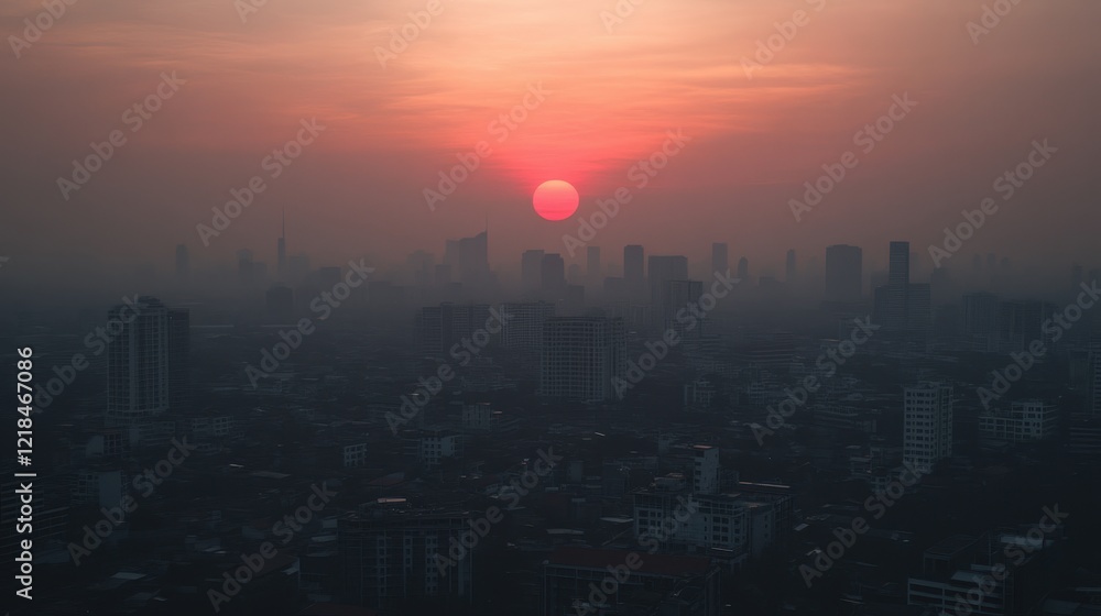 Fototapeta premium Cityscape Sunset: A breathtaking aerial view captures the urban sprawl silhouetted against a vibrant, fiery sunset, casting a warm, nostalgic glow over the cityscape. 