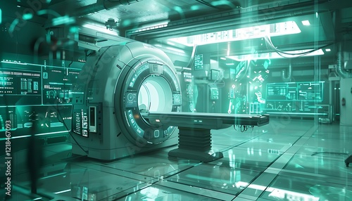 A futuristic medical imaging machine in a high-tech lab, illuminated by glowing green holographic displays, showcasing cutting-edge healthcare and diagnostics technology.