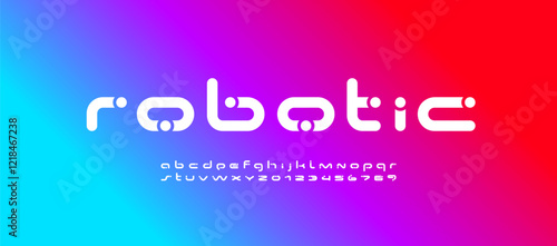 Technical future font, digital cyber alphabet, letters A, B, C, D, E, F, G, H, I, J, K, L, M, N, O, P, Q, R, S, T, U, V, W, X, Y, Z and numerals 0, 1, 2, 3, 4, 5, 6, 7, 8, 9