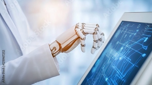 An artificial intelligence robot stands in front of a screen with a digital blueprint on the screen and data visualized in white.
