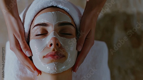 A woman is lying down with her eyes closed, and she has a white facial mask on her face in a spa salon.