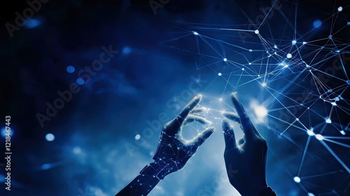 Two hands reaching towards each other, surrounded by digital connections and data points on a dark blue background. The concept of artificial intelligence network symbolizes the power of connecting pe