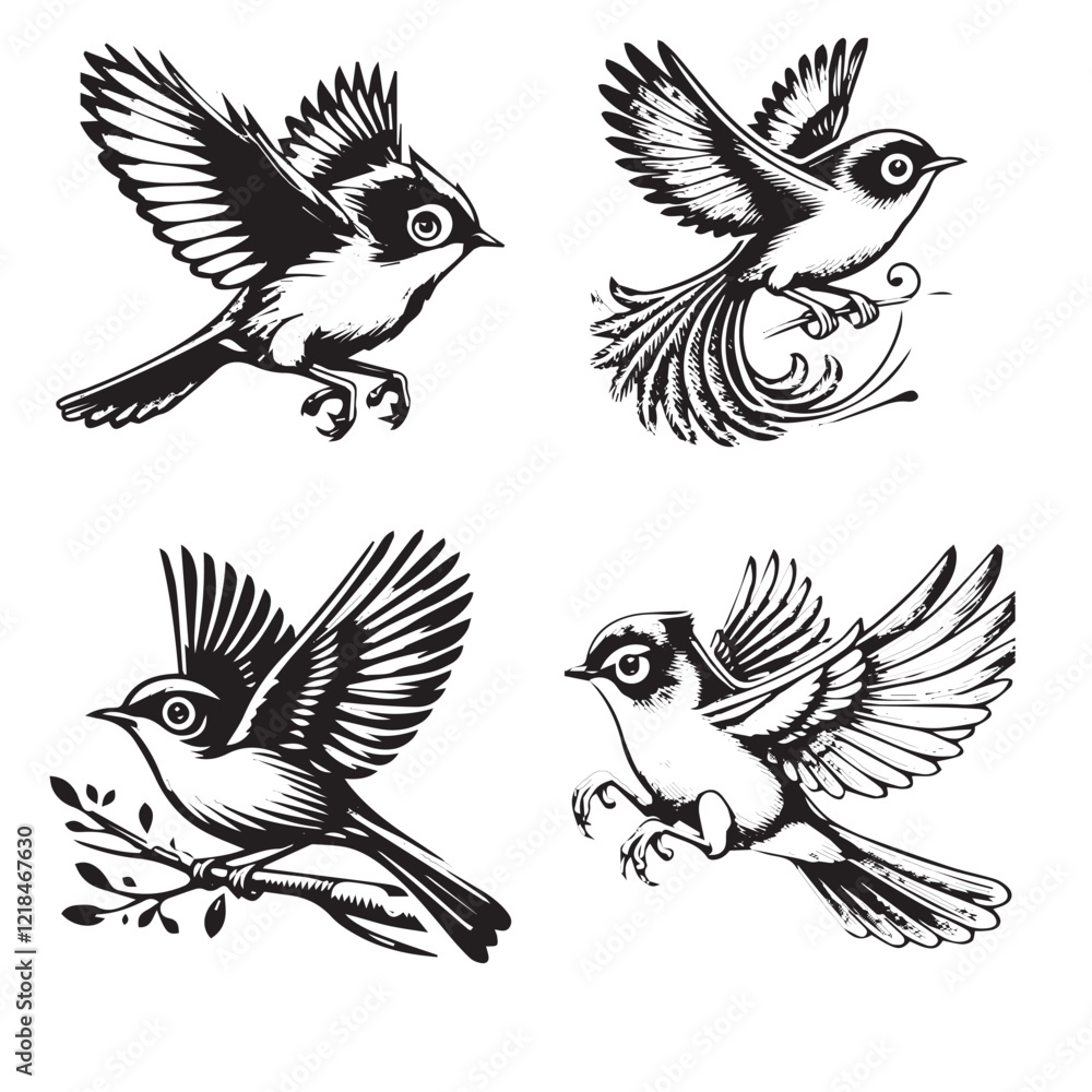 Fototapeta premium Professional Vector Silhouette of a Flying Japanese White-Eye on a White Background