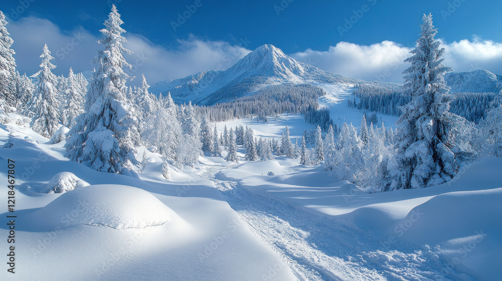 A serene snowscape with snow-covered pine trees and a frosty mountain in the distance A serene snowscape with snow-covered pine trees and a frosty mountain in the distance