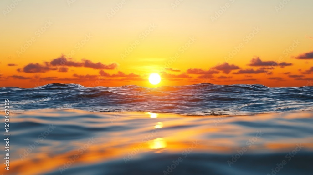 Fototapeta premium Ocean sunset, waves, golden sky, calm sea, travel