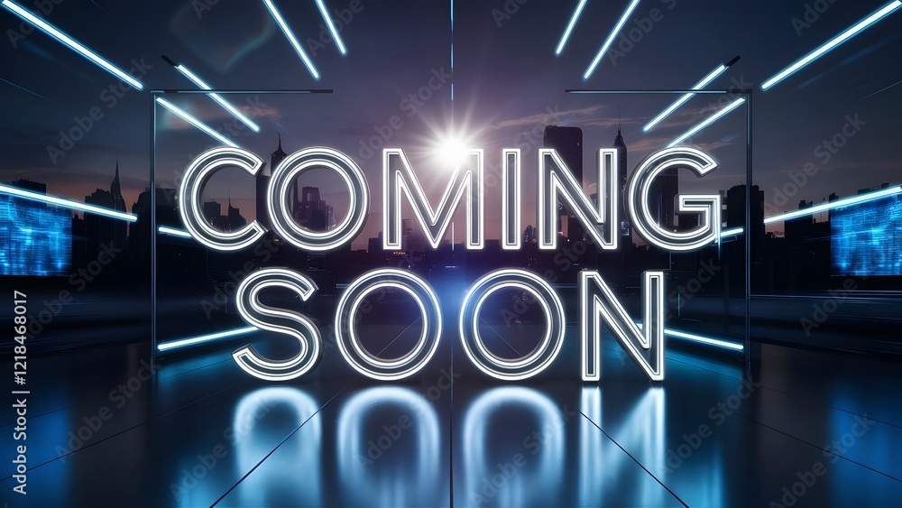 Naklejka premium Futuristic Cityscape Coming Soon Neon Sign