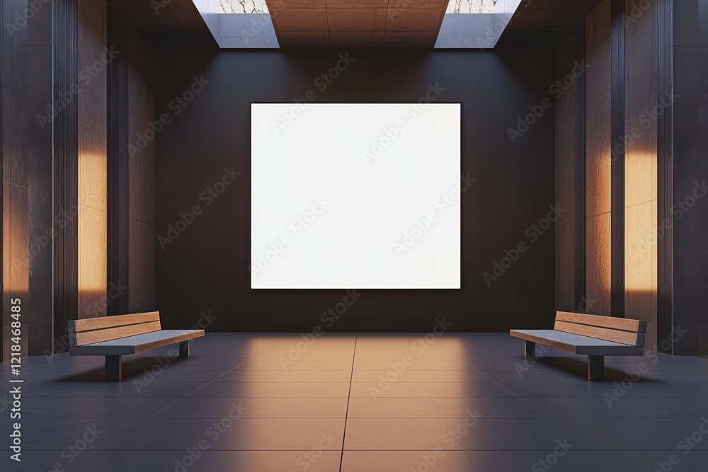 Modern gallery interior, empty canvas, minimalist benches, warm lighting, artwork display Modern gallery interior, empty canvas, minimalist benches, warm lighting, artwork display