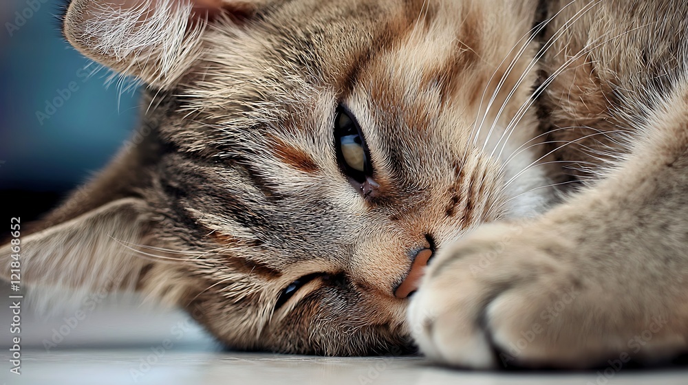 A cat is laying on a white surface with its eyes closed A cat is laying on a white surface with its eyes closed