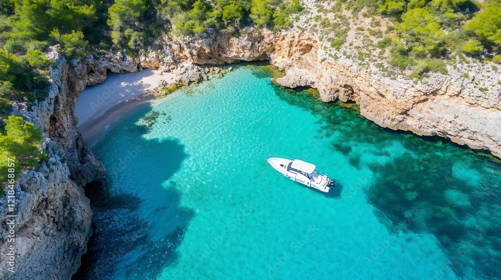 Secluded cove boat turquoise water beach Secluded cove boat turquoise water beach