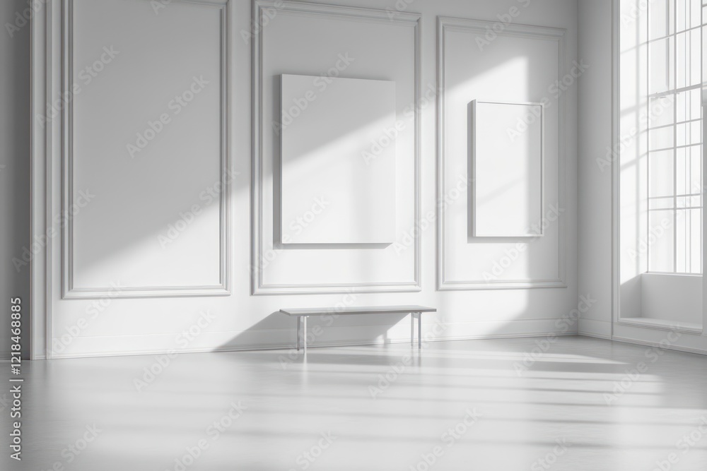 Sunlit gallery, empty frames, bench, white walls, interior design mockup Sunlit gallery, empty frames, bench, white walls, interior design mockup
