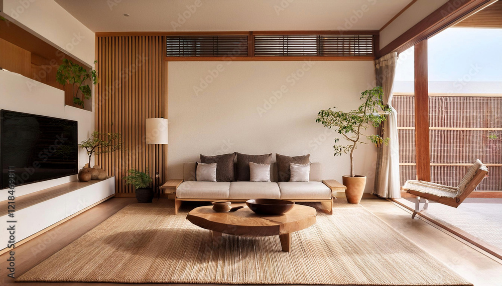 Modern minimalist Japandi interior design of living room Modern minimalist Japandi interior design of living room