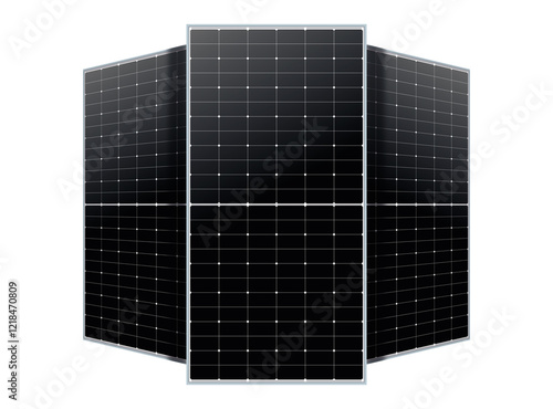 Three solar panels are arranged in a triangular formation. Each panel has numerous photovoltaic cells to capture sunlight efficiently. Ideal for showcasing renewable energy solutions.
