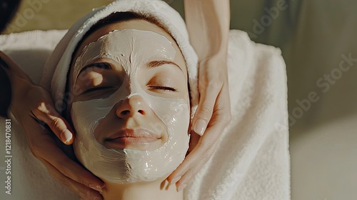 A woman with closed eyes and a smile, a white cotton face towel on her head, receives a facial treatment in a spa salon. This is a beauty treatment concept